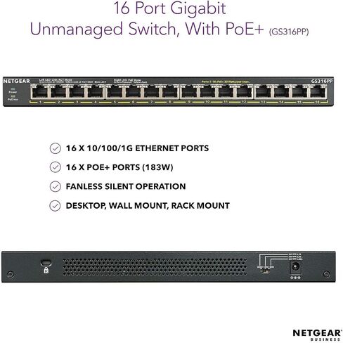 NETGEAR 16-Port Gigabit Ethernet Unmanaged PoE+ Switch (GS316PP) - with 16 x PoE+ @ 183W, Desktop/Rackmount/Wallmount, Sturdy Metal (GS316PP-100) (Renewed) in Kuwait