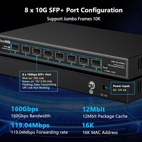 8 Port 10Gb SFP+ Web Managed Fiber Switch | Multi-Gig 10G-2.5G Adaptive | Fanless | 160G Bandwidth | Jumbo Frames/ VLAN/ QoS, Only Compatible with TP-Link, Real HD 10G SFP+ Module, NOT Plug & Play 1Gb in Kuwait