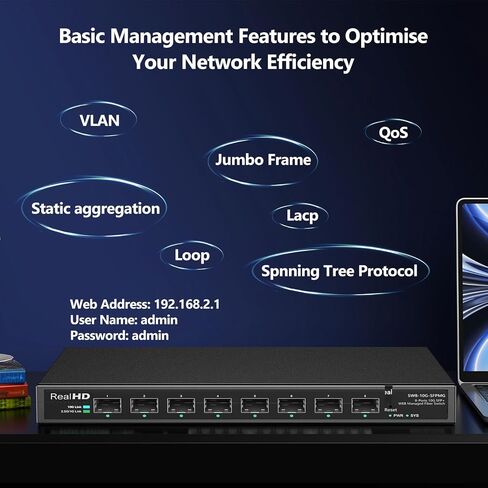 8 Port 10Gb SFP+ Web Managed Fiber Switch | Multi-Gig 10G-2.5G Adaptive | Fanless | 160G Bandwidth | Jumbo Frames/ VLAN/ QoS, Only Compatible with TP-Link, Real HD 10G SFP+ Module, NOT Plug & Play 1Gb in Kuwait
