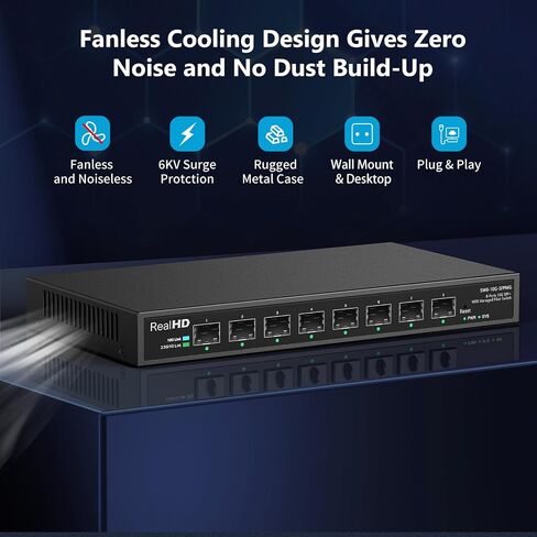 8 Port 10Gb SFP+ Web Managed Fiber Switch | Multi-Gig 10G-2.5G Adaptive | Fanless | 160G Bandwidth | Jumbo Frames/ VLAN/ QoS, Only Compatible with TP-Link, Real HD 10G SFP+ Module, NOT Plug & Play 1Gb in Kuwait