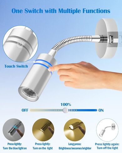 THALASSA 12V Short Gooseneck Light With 5V USB Port - Boat Reading Lamp Adjustable Warm White Spotlight with Dimmable Touch Switch Designed for RV, Caravans, Boats, Motor Homes Inside as Bedside Light in Saudi Arabia