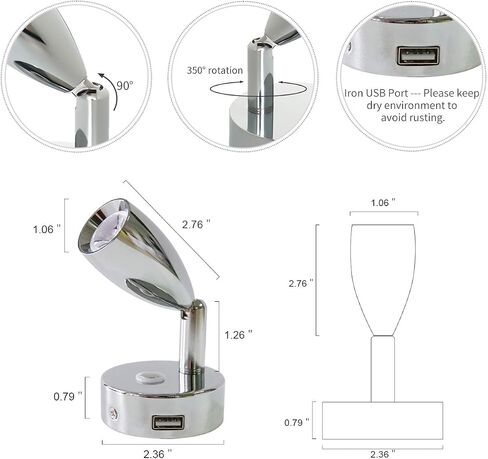 THALASSA 12V RV Spotlight USB Reading Light - Dimmable Touch Switch with Blue Circle Night Light, Polished Chrome, Surface Mounted on Trailer Caravan Boat Interior as Bedside Light Book Lamp, 2 Pack in Saudi Arabia