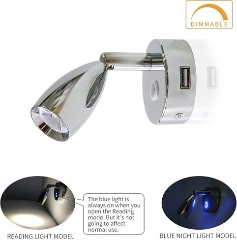THALASSA 12V RV Spotlight USB Reading Light - Dimmable Touch Switch with Blue Circle Night Light, Polished Chrome, Surface Mounted on Trailer Caravan Boat Interior as Bedside Light Book Lamp, 2 Pack in Saudi Arabia