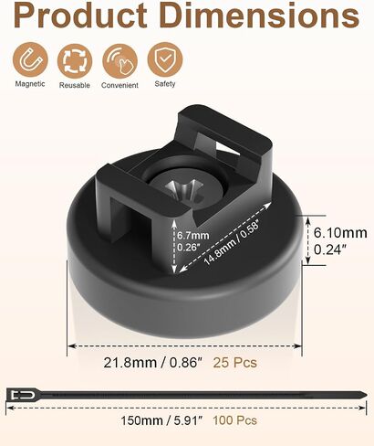 125 Pcs Magnetic Cable Zip Tie Mounts, Magnetic Cable Ties (25 Pcs Multipurpose Magnets & 100 Pcs Releasable Zip Ties) Magnetic Wire Holder for Home Office Electrical Wire Management in Kuwait
