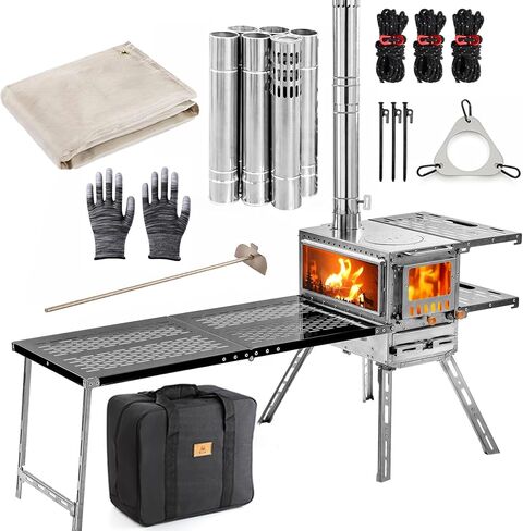 M8 Heavy Duty Rose Gold Premium Hot Tent Stove with Oven & Base, Premium 304 Stainless Steel Wood Burning Stove, 2100 cu in Firebox, 6-Section Chimney for Camping Heating and Cooking in Kuwait