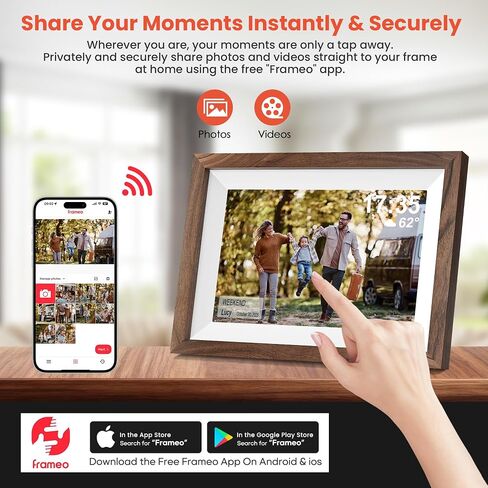 Frameo 10.1" Smart Digital Picture Frame with Walnut Moulding, 16:9 1280p HD IPS Touchscreen Display, 32GB Storage, MicroSD Slot, Plug-in Power, Easy Wireless Photo & Video Sharing, Idea in Kuwait