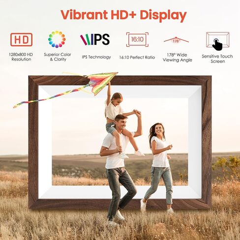 Frameo 10.1" Smart Digital Picture Frame with Walnut Moulding, 16:9 1280p HD IPS Touchscreen Display, 32GB Storage, MicroSD Slot, Plug-in Power, Easy Wireless Photo & Video Sharing, Idea in Kuwait