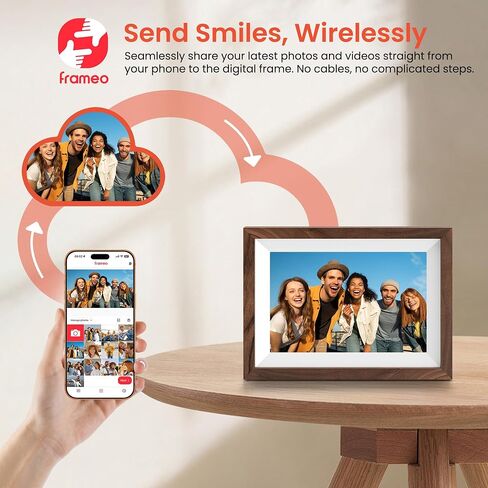 Frameo 10.1" Smart Digital Picture Frame with Walnut Moulding, 16:9 1280p HD IPS Touchscreen Display, 32GB Storage, MicroSD Slot, Plug-in Power, Easy Wireless Photo & Video Sharing, Idea in Kuwait