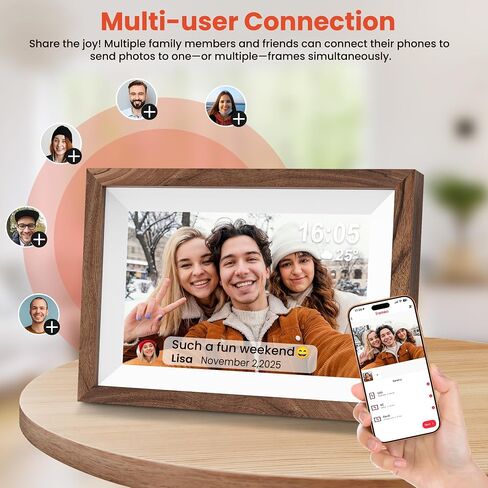 Frameo 10.1" Smart Digital Picture Frame with Walnut Moulding, 16:9 1280p HD IPS Touchscreen Display, 32GB Storage, MicroSD Slot, Plug-in Power, Easy Wireless Photo & Video Sharing, Idea in Kuwait