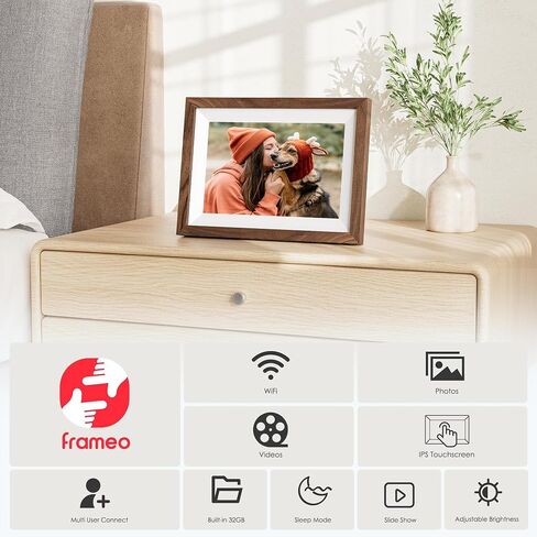 Frameo 10.1" Smart Digital Picture Frame with Walnut Moulding, 16:9 1280p HD IPS Touchscreen Display, 32GB Storage, MicroSD Slot, Plug-in Power, Easy Wireless Photo & Video Sharing, Idea in Kuwait