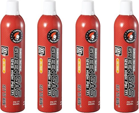 Lancer Tactical 600ml/20oz 12kg Powerful Green Gas High PSI G-1100 for Airsoft Pistol, Airsoft Rifle, Air Gun (Silicone Oil/Oil Free) -Pack of 4 in Kuwait