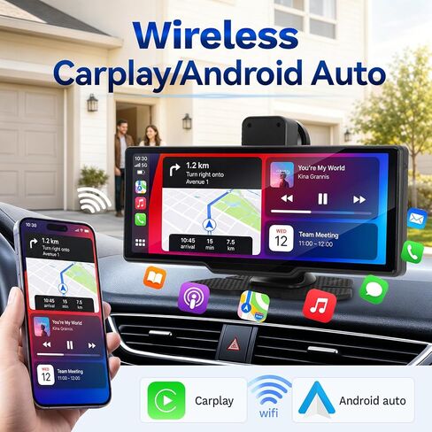 9.3" Wireless CarPlay Screen for Car, Portable Apple CarPlay & Android Auto Display with Bluetooth,1600x600 IPS Touchscreen, Backup Camera Input, Mirror Link, FM/AUX Output in Kuwait