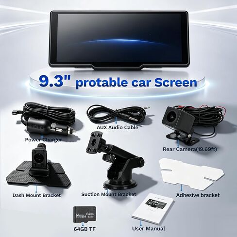 9.3" Wireless CarPlay Screen for Car, Portable Apple CarPlay & Android Auto Display with Bluetooth,1600x600 IPS Touchscreen, Backup Camera Input, Mirror Link, FM/AUX Output in Kuwait