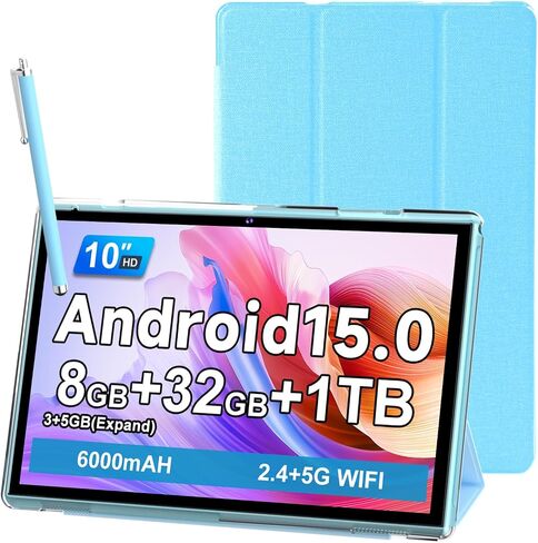 10 Inch Tablet With Case Stylus, Android 15 Tablets 8GB RAM 32GB ROM Support 1TB Expand, 10.1 IN Tableta Includes Tablet Protective Cover Dual Camera 5G WiFi-6, 6000mAh Battery 10" Android Tablet. in Kuwait
