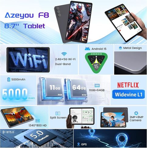 Azeyou F8 Mini Tablet 8.7 inch Android Tablet 11GB 64GB GPS GMS Widevine L1 in Kuwait