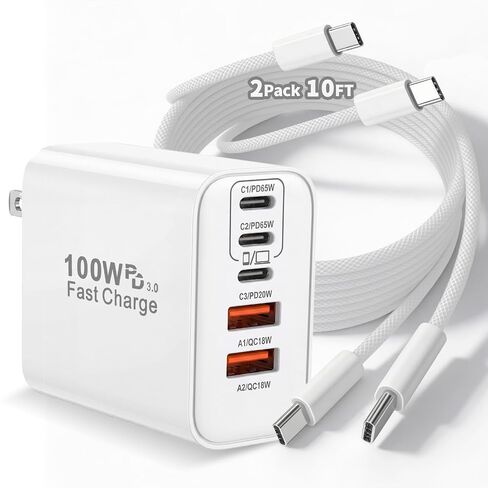 100W USB C iPhone 17 16 15 Charger Fast Charging,2-Pack 10Foot Type C Woven Cable and 1-Pack 5-Port i Phone Charger Fast Charging Block for iPhone 17 Pro/17 Pro Max/Air/16 Pro Max/15 Plus/iPad Pro/Air in Kuwait