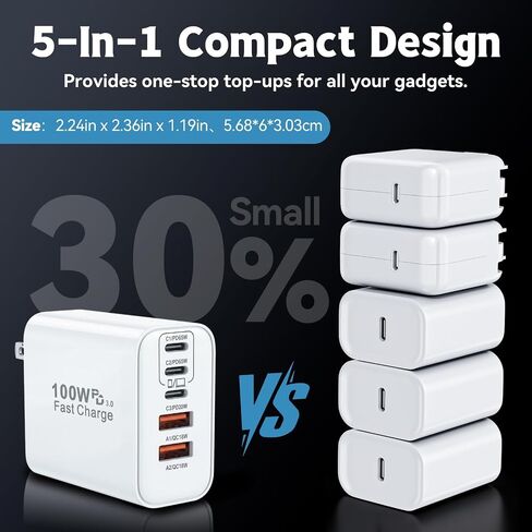 100W USB C iPhone 17 16 15 Charger Fast Charging,2-Pack 10Foot Type C Woven Cable and 1-Pack 5-Port i Phone Charger Fast Charging Block for iPhone 17 Pro/17 Pro Max/Air/16 Pro Max/15 Plus/iPad Pro/Air in Kuwait