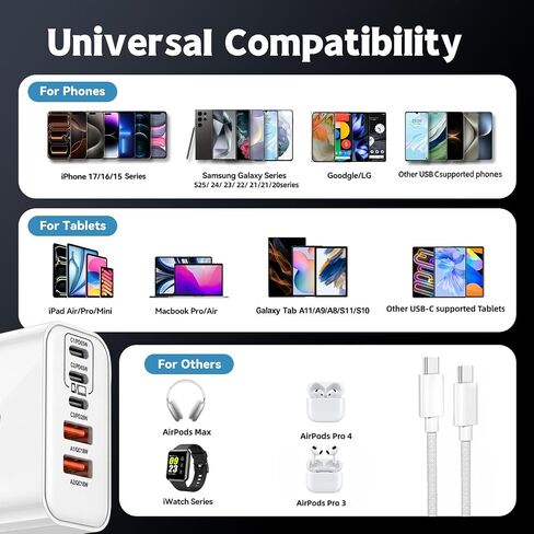 100W USB C iPhone 17 16 15 Charger Fast Charging,2-Pack 10Foot Type C Woven Cable and 1-Pack 5-Port i Phone Charger Fast Charging Block for iPhone 17 Pro/17 Pro Max/Air/16 Pro Max/15 Plus/iPad Pro/Air in Kuwait