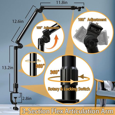 Overhead Camera Mount Desk Stand, Bearing 18lb, Base& Top 360° Adjustable, with 1/4“ 3/8" 5/8" Screw, 3-Section Flexible Articulating Metal Arm for DSLR Camera/Webcam in Kuwait