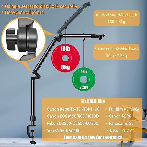 Overhead Camera Mount Desk Stand, Bearing 18lb, Base& Top 360° Adjustable, with 1/4“ 3/8" 5/8" Screw, 3-Section Flexible Articulating Metal Arm for DSLR Camera/Webcam in Kuwait
