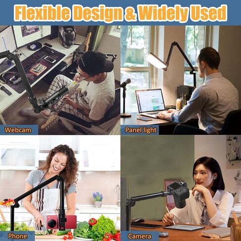 Overhead Camera Mount Desk Stand, Bearing 18lb, Base& Top 360° Adjustable, with 1/4“ 3/8" 5/8" Screw, 3-Section Flexible Articulating Metal Arm for DSLR Camera/Webcam in Kuwait