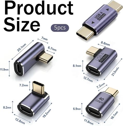 5 Pack 5 Style USB C Right Angle Adapter, 90 Degree USB C Male to Female Adapters Right Angle Type-C Adapter Extender for Notebook Computers, Tablet and Mobile Phones 40Gbps 100W PD in Kuwait