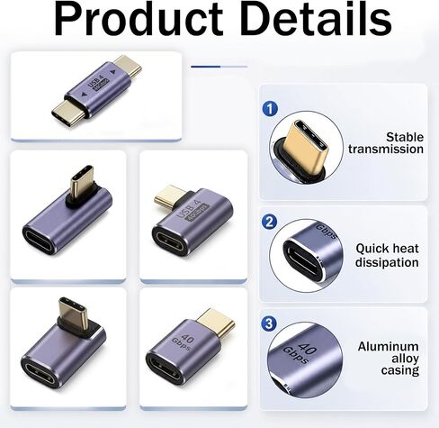 5 Pack 5 Style USB C Right Angle Adapter, 90 Degree USB C Male to Female Adapters Right Angle Type-C Adapter Extender for Notebook Computers, Tablet and Mobile Phones 40Gbps 100W PD in Kuwait