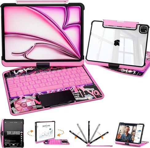 Transparent Keyboard Case for iPad Pro 13 Inch (M5 2025/M4 2024) with Multi-Touch Trackpad, 360° Rotating Stand, 7-Color 3-Level Backlit, Wireless Bluetooth, Pencil Holder, Pink in Kuwait