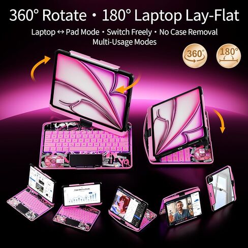 Transparent Keyboard Case for iPad Pro 13 Inch (M5 2025/M4 2024) with Multi-Touch Trackpad, 360° Rotating Stand, 7-Color 3-Level Backlit, Wireless Bluetooth, Pencil Holder, Pink in Kuwait