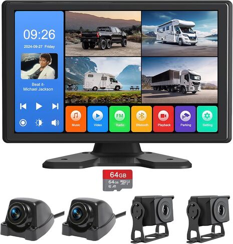 4 Channel Backup Camera System,Touchable 10.26 inch Monitor with DVR Stereo, 64GB Card, IP69 Waterproof, Nightvision 1080P Backup Camera for RV/Truck/Trailer Pickup,Rear Side Front Wired System in Kuwait