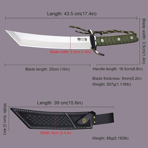 WPKOPYA japans Fixed Blade Hunting Knife 17.4" Full Tang AUS-10 Steel, Samurai Style Tactical Bowie Knife with Mirror Polished Blade, G10 Fiber Handle & Leather Sheath for Camping, Survival, Outdoor Use in Kuwait