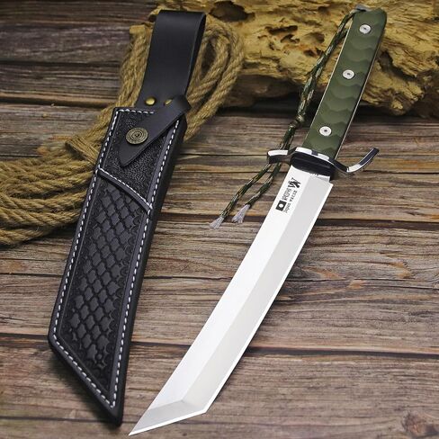 WPKOPYA japans Fixed Blade Hunting Knife 17.4" Full Tang AUS-10 Steel, Samurai Style Tactical Bowie Knife with Mirror Polished Blade, G10 Fiber Handle & Leather Sheath for Camping, Survival, Outdoor Use in Kuwait