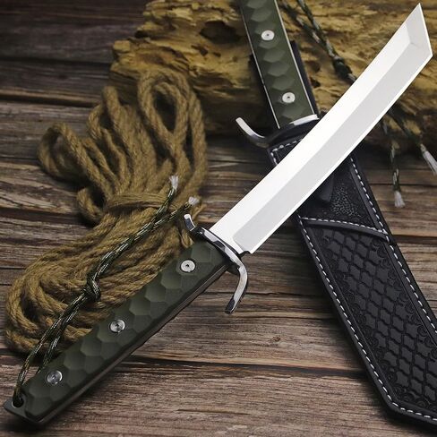 WPKOPYA japans Fixed Blade Hunting Knife 17.4" Full Tang AUS-10 Steel, Samurai Style Tactical Bowie Knife with Mirror Polished Blade, G10 Fiber Handle & Leather Sheath for Camping, Survival, Outdoor Use in Kuwait