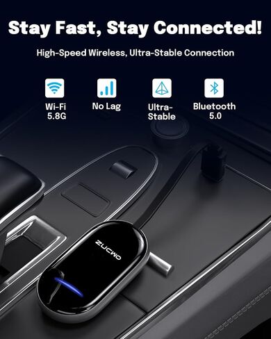 ZUCWO 2-in-1 Wireless CarPlay Adapter and Android Auto Adapter – Converts Wired to Wireless for Cars 2016+, Plug & Play, USB-A to USB-C for iOS10+/Android 11+ in Kuwait