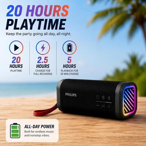 PHILIPS Portable Bluetooth Speaker, Wireless Stereo Sound Party Speaker with Deep Bass, IPX5 Waterproof, 20 Hour Playtime, Auracast & TWS Pairing, USB Playback, Bluetooth 5.4 for Outdoor & Indoor Use in Kuwait