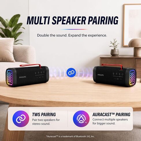 PHILIPS Portable Bluetooth Speaker, Wireless Stereo Sound Party Speaker with Deep Bass, IPX5 Waterproof, 20 Hour Playtime, Auracast & TWS Pairing, USB Playback, Bluetooth 5.4 for Outdoor & Indoor Use in Kuwait