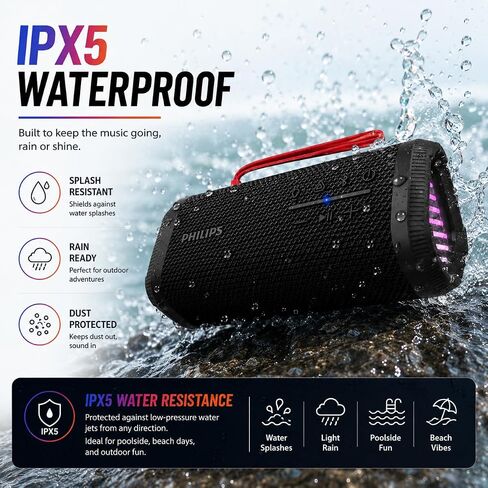 PHILIPS Portable Bluetooth Speaker, Wireless Stereo Sound Party Speaker with Deep Bass, IPX5 Waterproof, 20 Hour Playtime, Auracast & TWS Pairing, USB Playback, Bluetooth 5.4 for Outdoor & Indoor Use in Kuwait