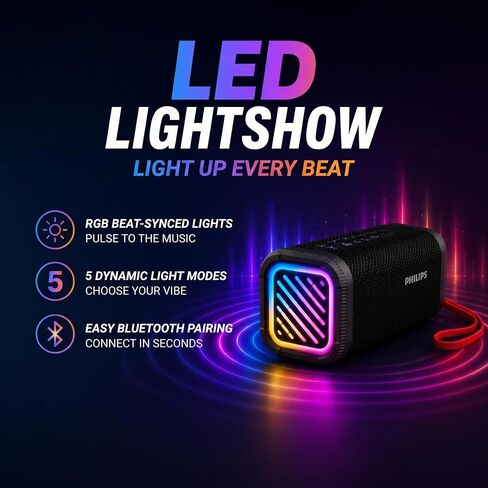 PHILIPS Portable Bluetooth Speaker, Wireless Stereo Sound Party Speaker with Deep Bass, IPX5 Waterproof, 20 Hour Playtime, Auracast & TWS Pairing, USB Playback, Bluetooth 5.4 for Outdoor & Indoor Use in Kuwait