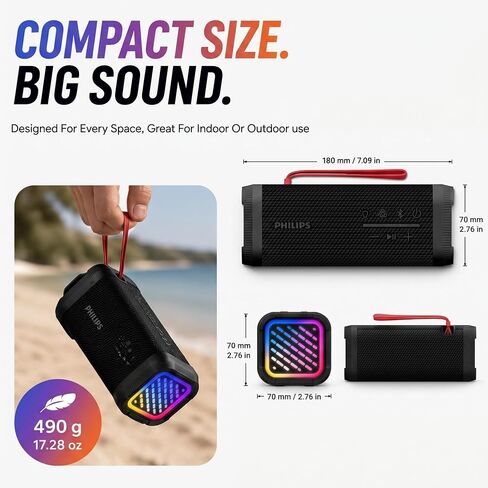 PHILIPS Portable Bluetooth Speaker, Wireless Stereo Sound Party Speaker with Deep Bass, IPX5 Waterproof, 20 Hour Playtime, Auracast & TWS Pairing, USB Playback, Bluetooth 5.4 for Outdoor & Indoor Use in Kuwait