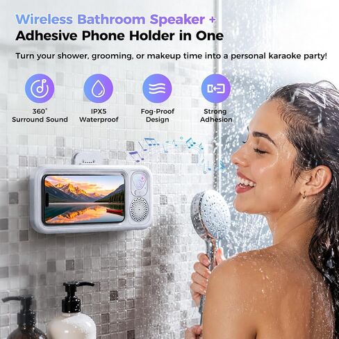 Waterproof Shower Bluetooth Speaker with Phone Holder, IPX5 Splash-Proof Wireless Bathroom Speaker for iPhone & Android, Touch Screen Shower Caddy with Strong Adhesive Hook in Kuwait