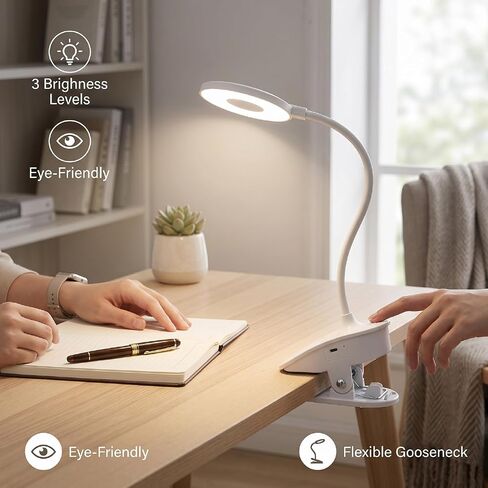 Hilitand USB Rechargeable Clip On Reading Lamp, 360 Flexible Gooseneck Touch Control with Eye Protection for Bed Night Study Craft (Ring Shape) in Kuwait