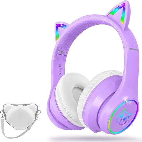 LOBKIN Bluetooth 5.4 Kids Headphones with Case - RGB LED Light Up Cat Ears Foldable Adjustable Over Ear Headphone Support Wireless or 3.5mm Wired Mode for Toddler & Girls & Boys Teens in Kuwait