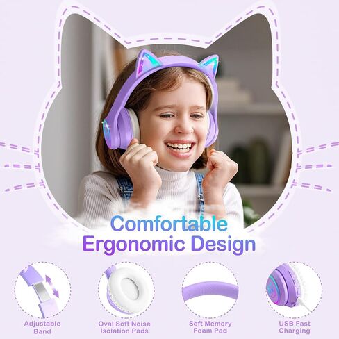 LOBKIN Bluetooth 5.4 Kids Headphones with Case - RGB LED Light Up Cat Ears Foldable Adjustable Over Ear Headphone Support Wireless or 3.5mm Wired Mode for Toddler & Girls & Boys Teens in Kuwait