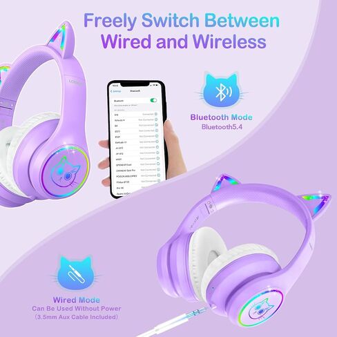 LOBKIN Bluetooth 5.4 Kids Headphones with Case - RGB LED Light Up Cat Ears Foldable Adjustable Over Ear Headphone Support Wireless or 3.5mm Wired Mode for Toddler & Girls & Boys Teens in Kuwait