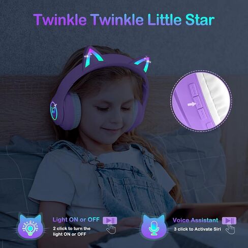 LOBKIN Bluetooth 5.4 Kids Headphones with Case - RGB LED Light Up Cat Ears Foldable Adjustable Over Ear Headphone Support Wireless or 3.5mm Wired Mode for Toddler & Girls & Boys Teens in Kuwait