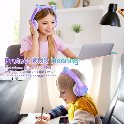 LOBKIN Bluetooth 5.4 Kids Headphones with Case - RGB LED Light Up Cat Ears Foldable Adjustable Over Ear Headphone Support Wireless or 3.5mm Wired Mode for Toddler & Girls & Boys Teens in Kuwait
