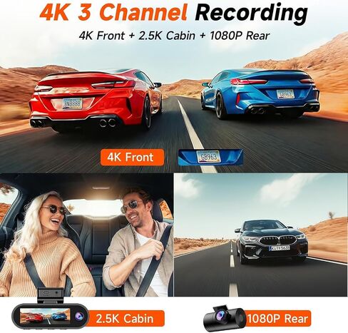4K 3 Channel Dash Cam Front Rear for Car, True 170° Wide Angle, 3.19" IPS Screen 2.4G WiFi Custom APP Control, Loop Recording Collision Lock G-Sensor Parking Monitor, 256GB Storage Max in Kuwait