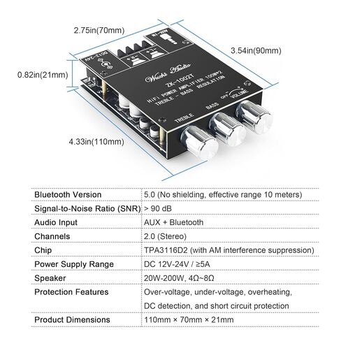200W Bluetooth 5.0 Stereo Power Audio Amplifier Board with Treble and Bass Control 2.0 Channel Mini Wireless High Power Digital Amp in Kuwait