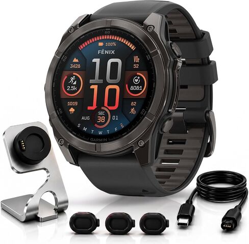 Garmin Fenix 8 47mm AMOLED Sapphire Multisport GPS Smartwatch, Titanium with Spark Orange Silicone Band, 010-02904-10 - Bundle w/Deco Essentials Charging Dock, Dust Cover and USB-C Cable in Kuwait