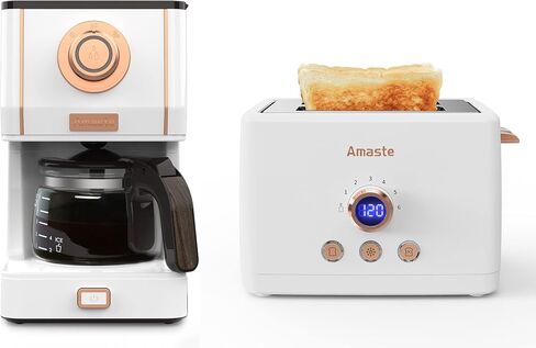 Amaste Retro Coffee Maker & Toaster Set- Elegant White with Rose Gold in Kuwait